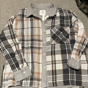 Aerie Women's Plaid Button Down Shirt in Black, Gray, and Brown